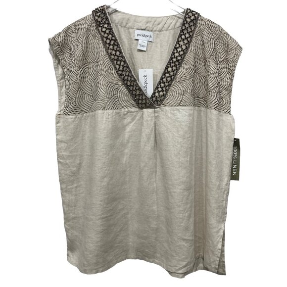 Peck & Peck Linen Top Blouse Beaded V-Neck NWT Size XL - Picture 1 of 12